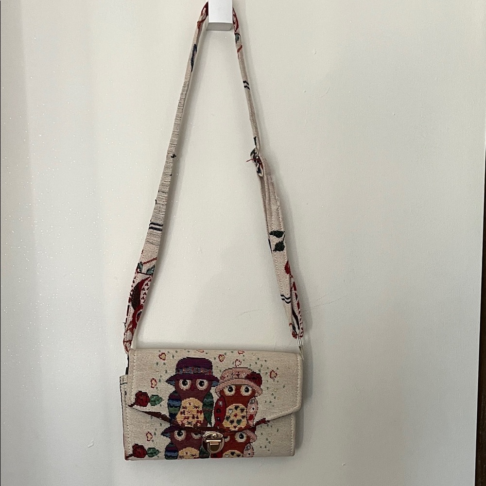 Owl Print Beige Crossbody Bag